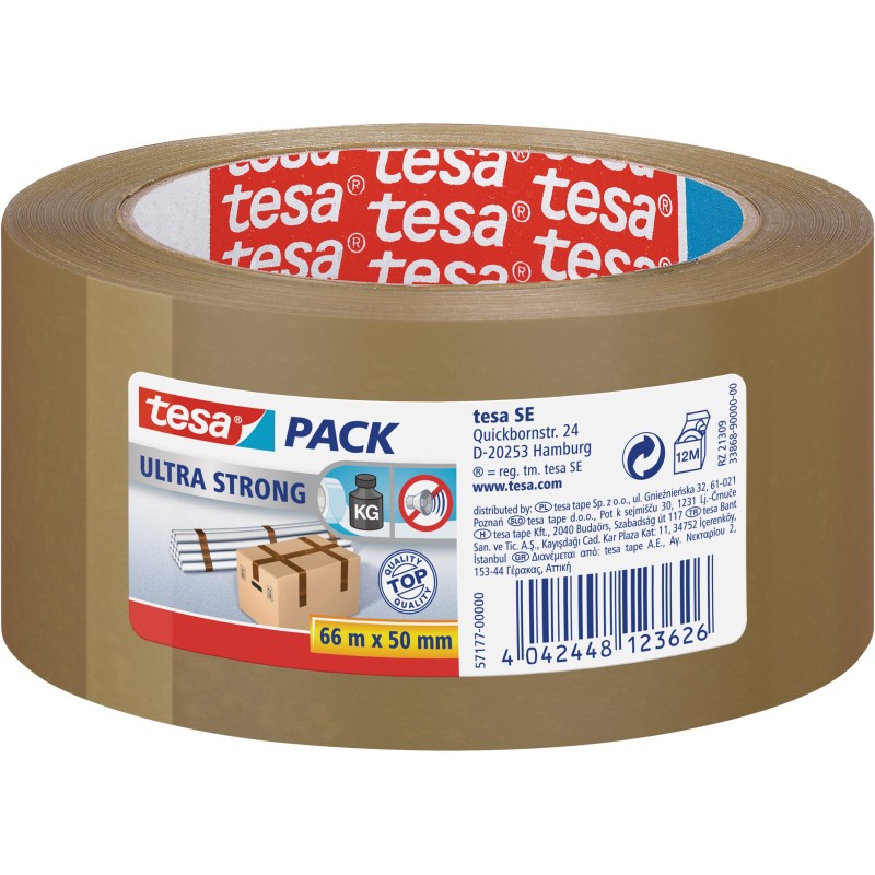 tesa® Ruban adhésif d'emballage tesapack PVC silencieux Ultra Strong 32 microns - 50 mm x 66 m - Havane