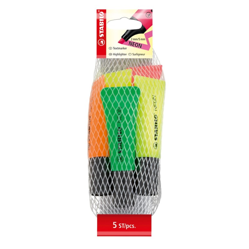 STABILO  NEON Surligneur pointe biseautée 2 et 5 mm - couleurs fluo assorties - lot de 5 dans un filet en plastique