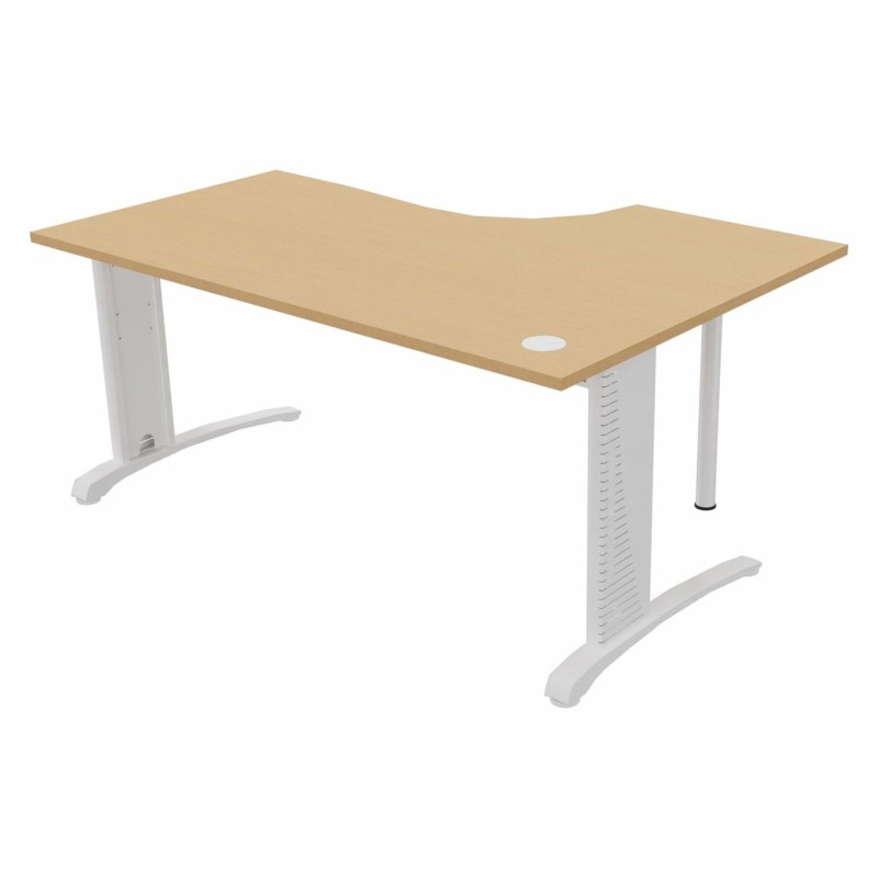 Bureau compact retour à gauche Biospace - L.160 x P.110 cm - Plateau Hêtre - Pieds Blanc - Embases Blanc