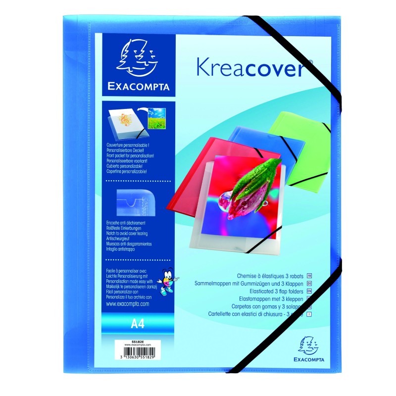 Exacompta Chemise Kreacover® à 3 rabats et à fermeture élastique, format A4, 200 feuilles, couverture personnalisable, polypropylène, bleu transparent