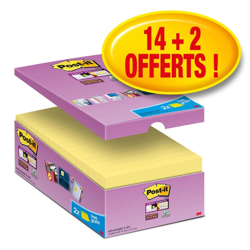 Post-it Notes repositionnables Super Sticky 76 x 127 mm - Jaune - Pack 14 blocs de 90 feuilles + 2 gratuits