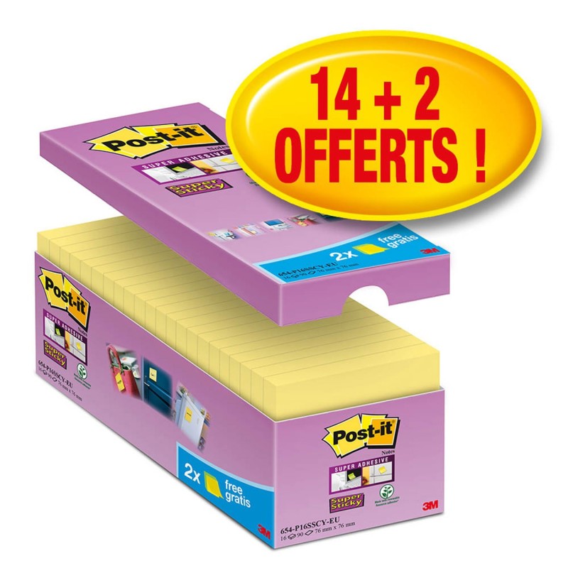 Post-it Notes repositionnables Super Sticky 76 x 76 mm - Jaune - Pack 14 blocs de 90 feuilles + 2 gratuits