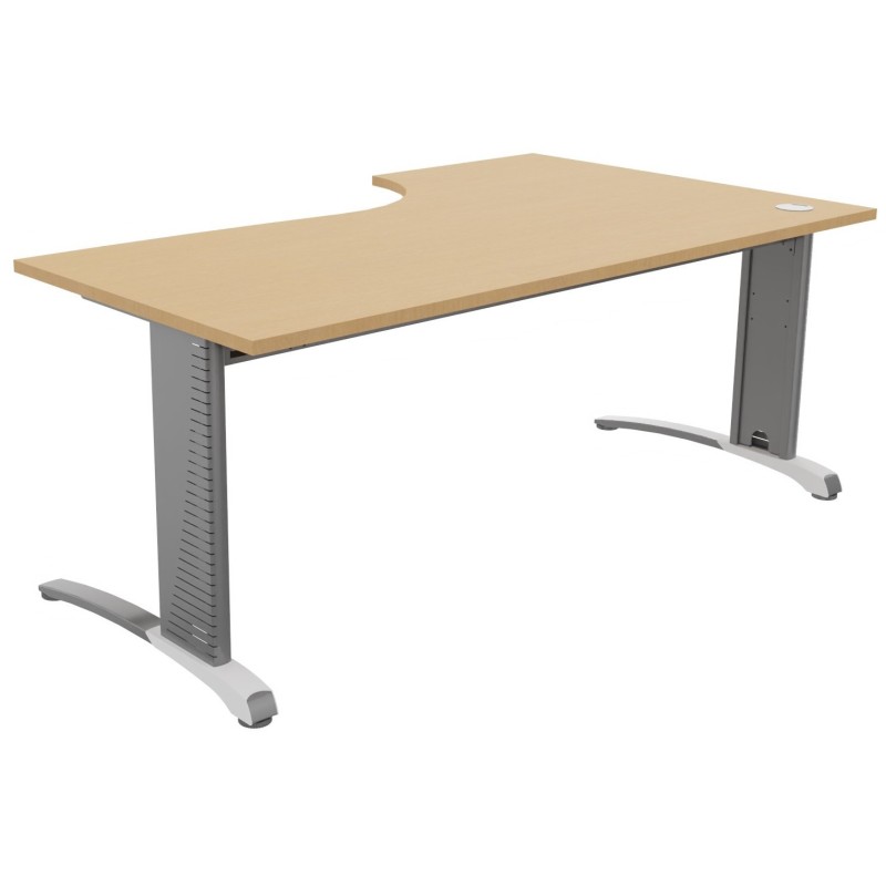 Bureau compact retour à gauche Biospace - L.180 x P.110 cm - Plateau Hêtre - Pieds Aluminium - Embases Blanc