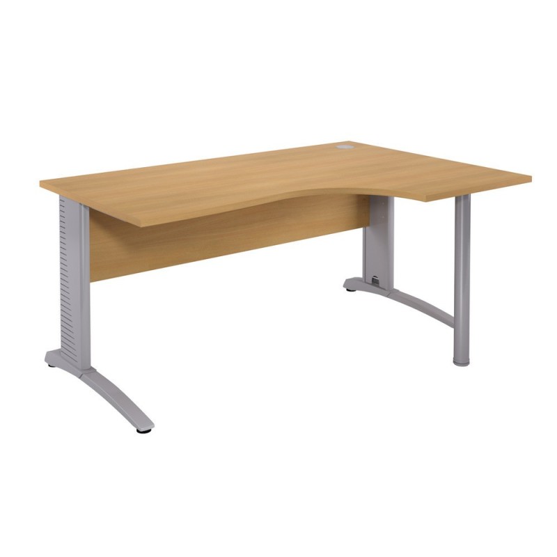 Bureau compact retour à droite Biospace avec voile de fond - L.160 x P.110 cm - Plateau Hêtre - Pieds Aluminium - Embases Aluminium
