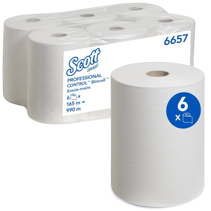 Scott Slimroll Essuie-mains Blanc simple épaisseur Rouleau distributeur 165m - lot de 6 - 6657
