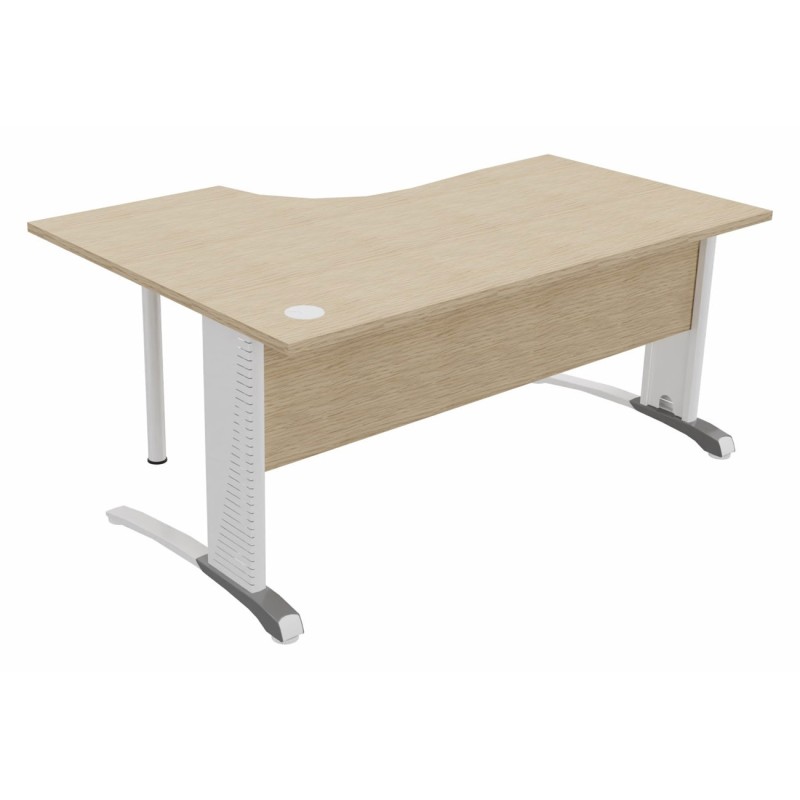 Bureau compact retour à droite Biospace avec voile de fond - L.160 x P.110 cm - Plateau Chêne - Pieds Blanc - Embases Aluminium