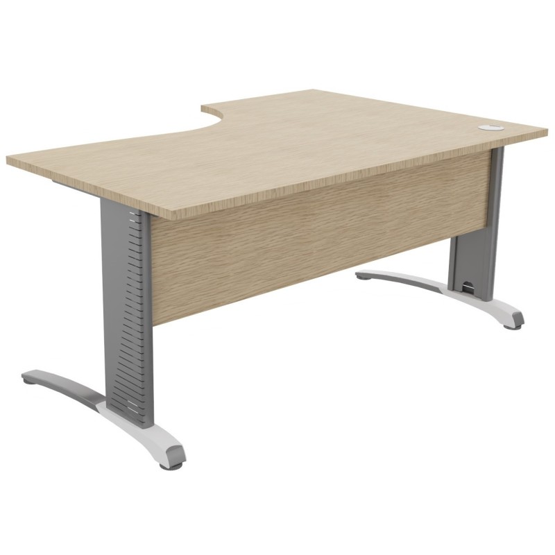 Bureau compact retour à gauche Biospace avec voile de fond - L.160 x P.110 cm - Plateau Chêne - Pieds Aluminium - Embases Blanc