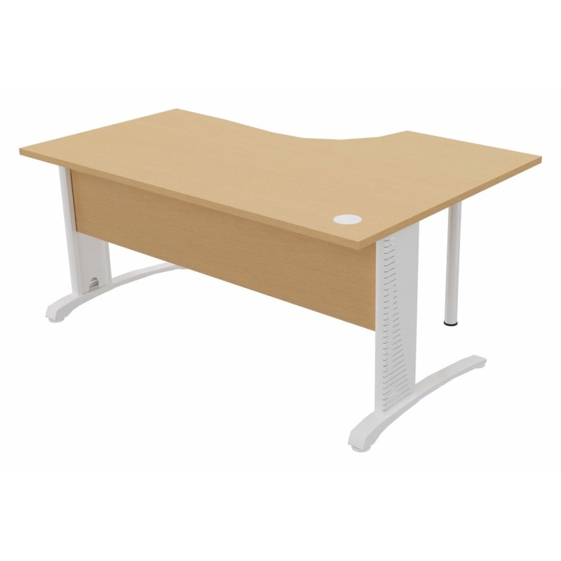 Bureau compact retour à gauche Biospace avec voile de fond - L.160 x P.110 cm - Plateau Hêtre - Pieds Blanc - Embases Blanc