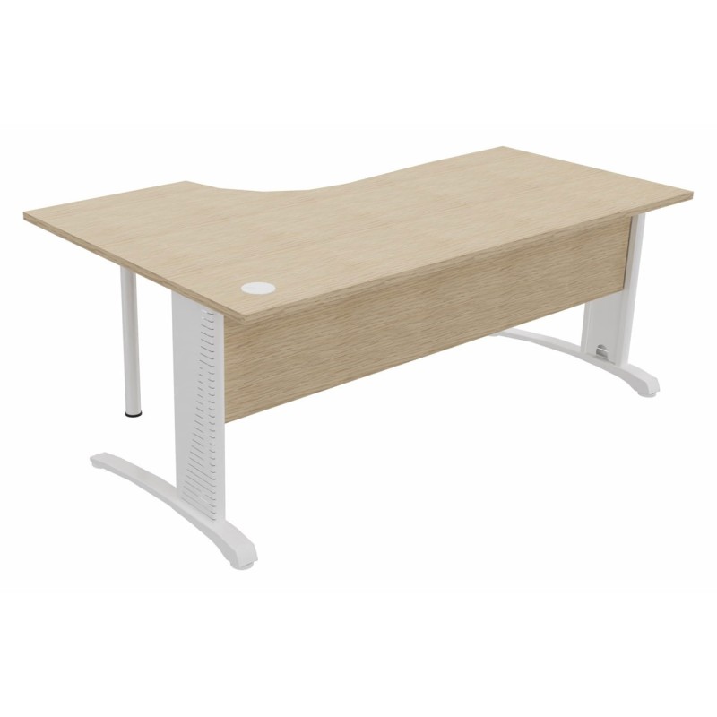 Bureau compact retour à droite Biospace avec voile de fond - L.180 x P.110 cm - Plateau Chêne - Pieds Blanc - Embases Blanc