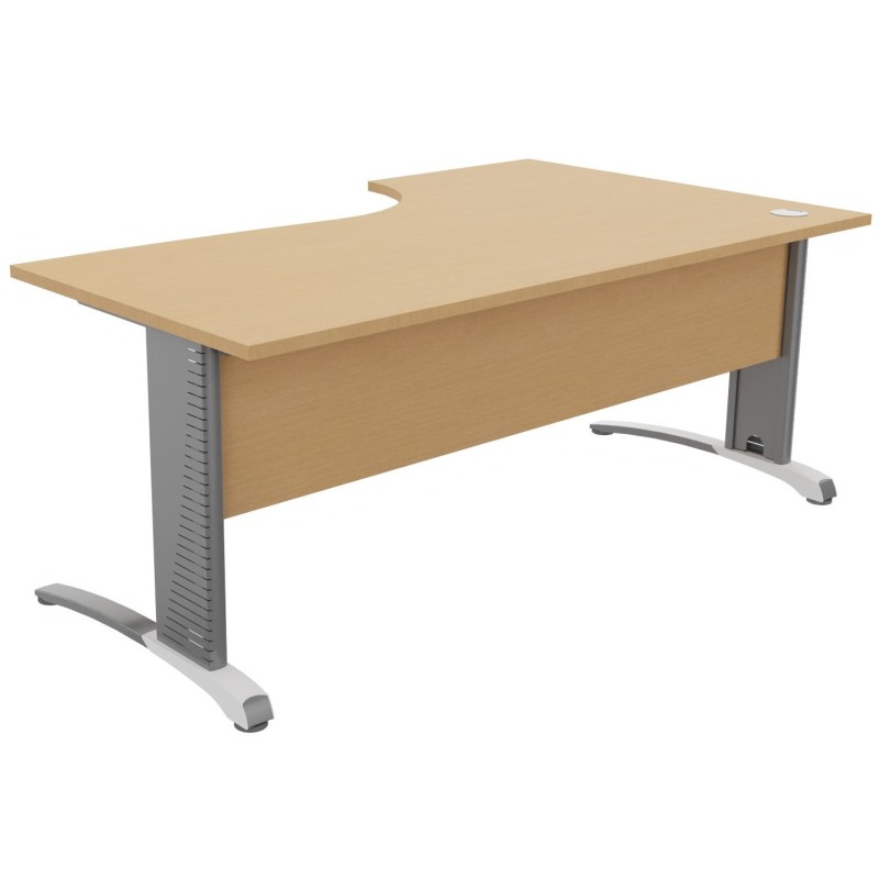 Bureau compact retour à gauche Biospace avec voile de fond - L.180 x P.110 cm - Plateau Hêtre - Pieds Aluminium - Embases Blanc