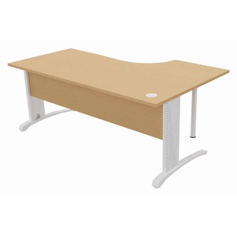 Bureau compact retour à gauche Biospace avec voile de fond - L.180 x P.110 cm - Plateau Hêtre - Pieds Blanc - Embases Blanc