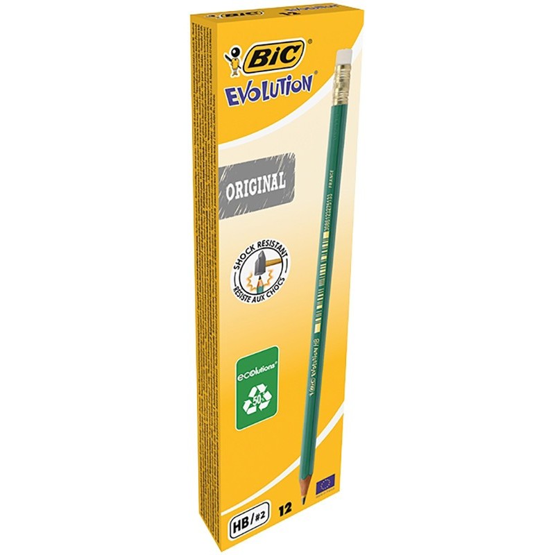 BIC Evolution Crayon de papier avec gomme mine HB corps hexagonal vert - Boîte de 12
