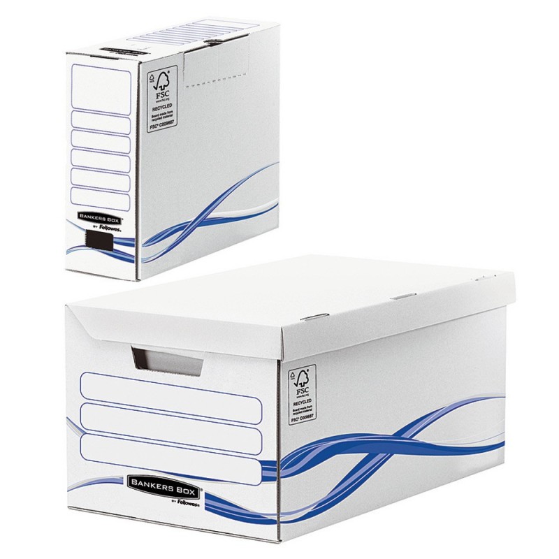 Bankers Box Pack archivage carton : lot de 1 caisse archives maxi + 6 boîtes dos 8 cm, pour format A4 (210 x 297 mm), H. 23 cm x l. 52 cm x P. 35 cm - Blanc / Bleu - Montage automatique