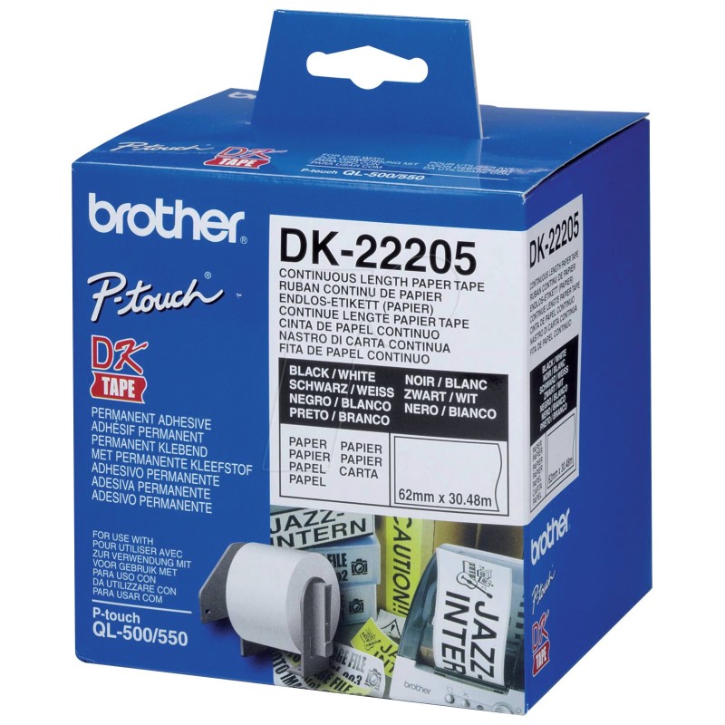 Brother Ruban continu DK22205 pour imprimante QL - support papier adhésif 62mmx30m - Noir sur blanc