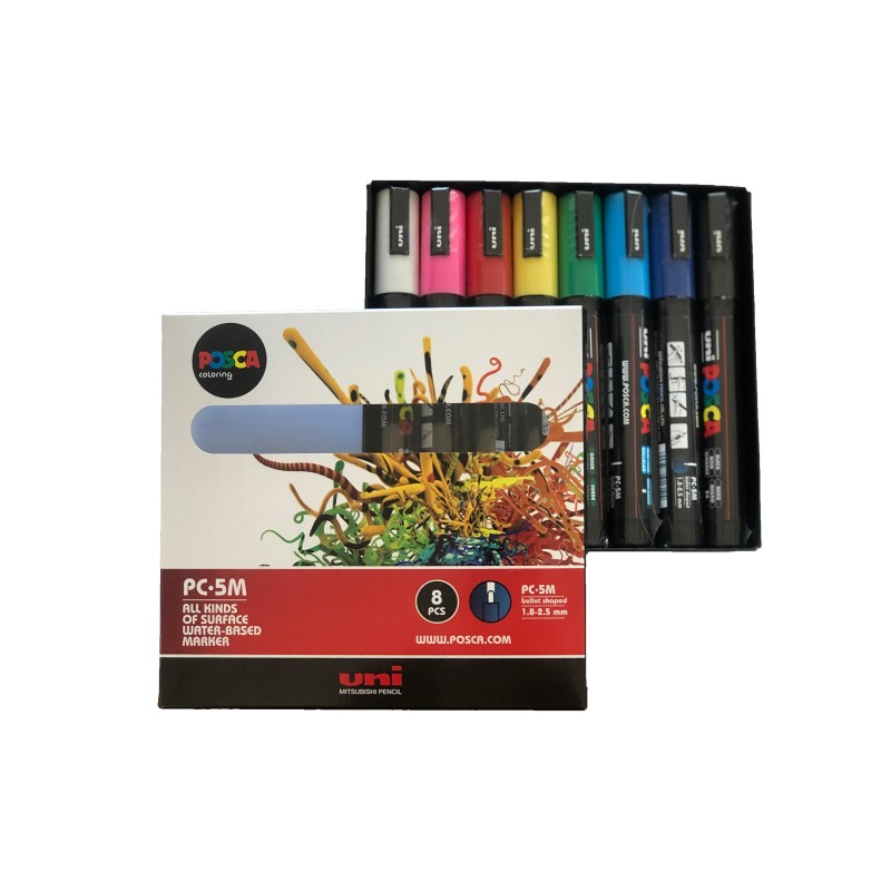 Uni Posca PC-5M Marqueur peinture Pointe conique 2,5 mm - Pochette de 8 coloris Assortis