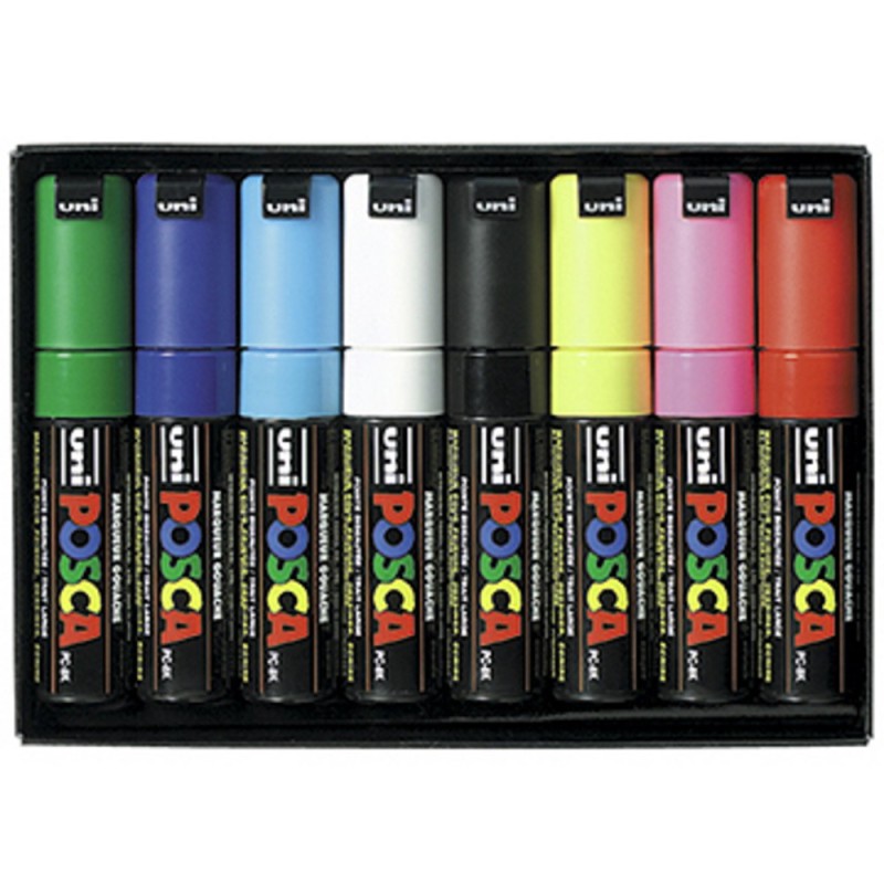 Uni Posca PC-8K8 Marqueur peinture Pointe Biseautée 8 mm - Pochette de 8 coloris Assortis
