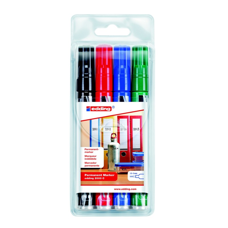 edding 2000C Marqueur permanent pointe ogive 1,5 - 3 mm - Pochette 4 couleurs assorties