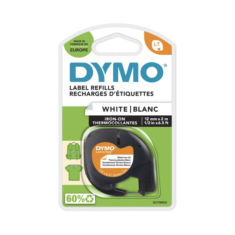 Dymo S0718850 ruban LetraTAG noir sur fond blanc textile thermocollant 12 mm x 2 m