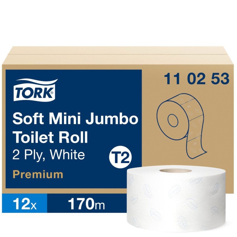 Tork Papier toilette double épaisseur Mini Jumbo doux T2 Premium blanc - Lot de 12 rouleaux de 170 m