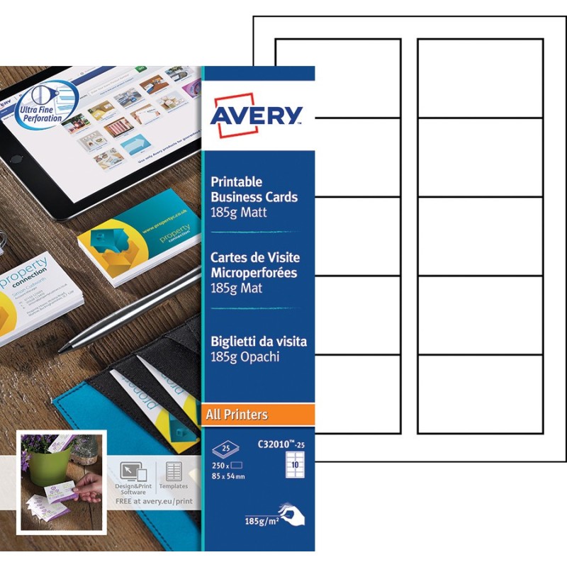 Avery C32010-25 - Cartes de visite blanches à bords micro perforés - 85 x 54 mm - Impression laser, jet d'encre, copieur