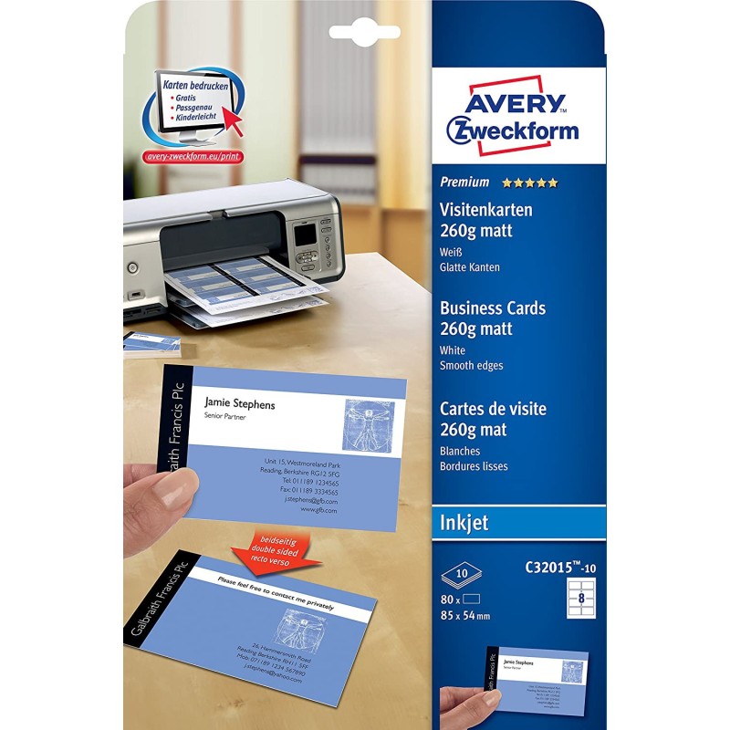 Avery C32015-10 - Cartes de visite blanches à bords lisses - 85 x 54 mm - Impression jet d'encre
