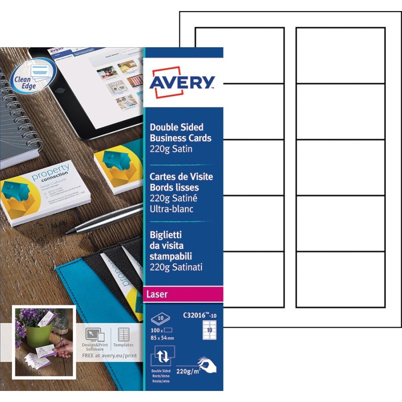 Avery C32016-10 - Cartes de visite blanches à bords lisses - 85 x 54 mm - Impression laser