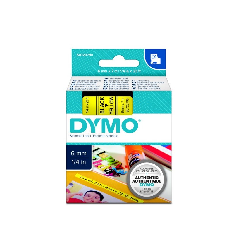 Dymo Ruban D1 S0720790 pour étiqueteuse - 6 mm x 7 m - Noir sur Jaune