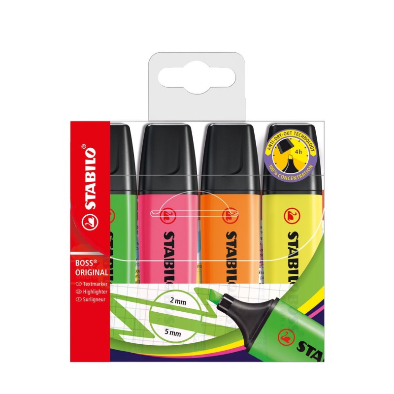 STABILO Boss Original - Surligneur pointe biseautée 2 et 5 mm - Coloris assortis - Pochette de 4