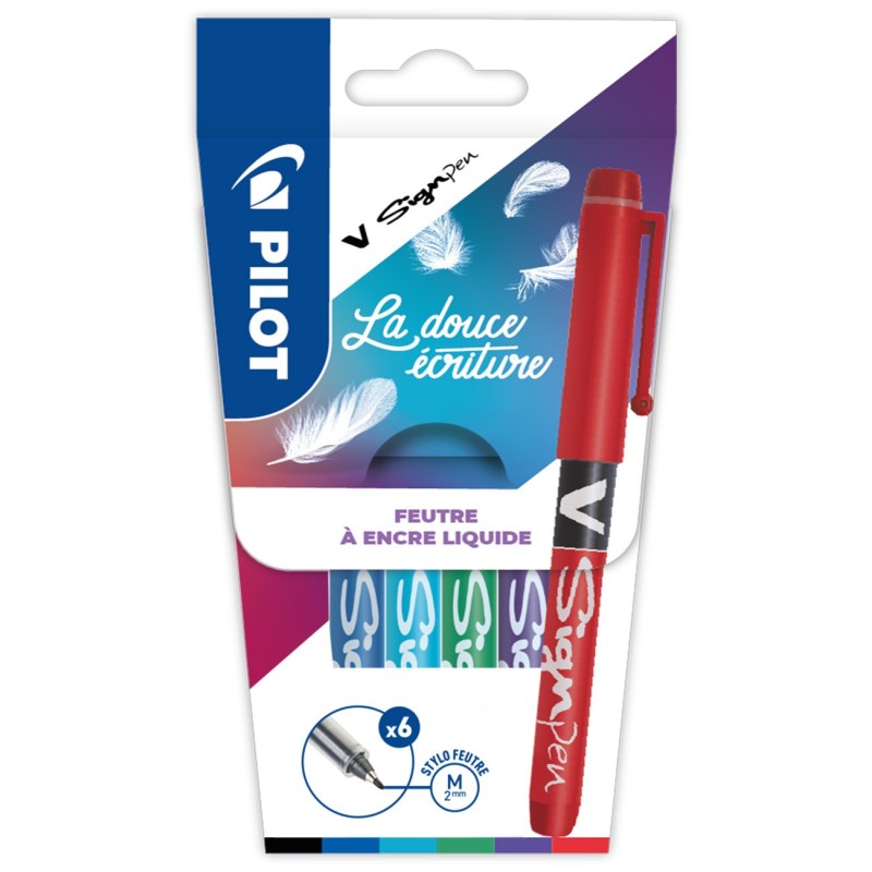 Pilot V-Sign Pen Stylo feutre à capuchon pointe moyenne 2 mm - Pochette 6 couleurs