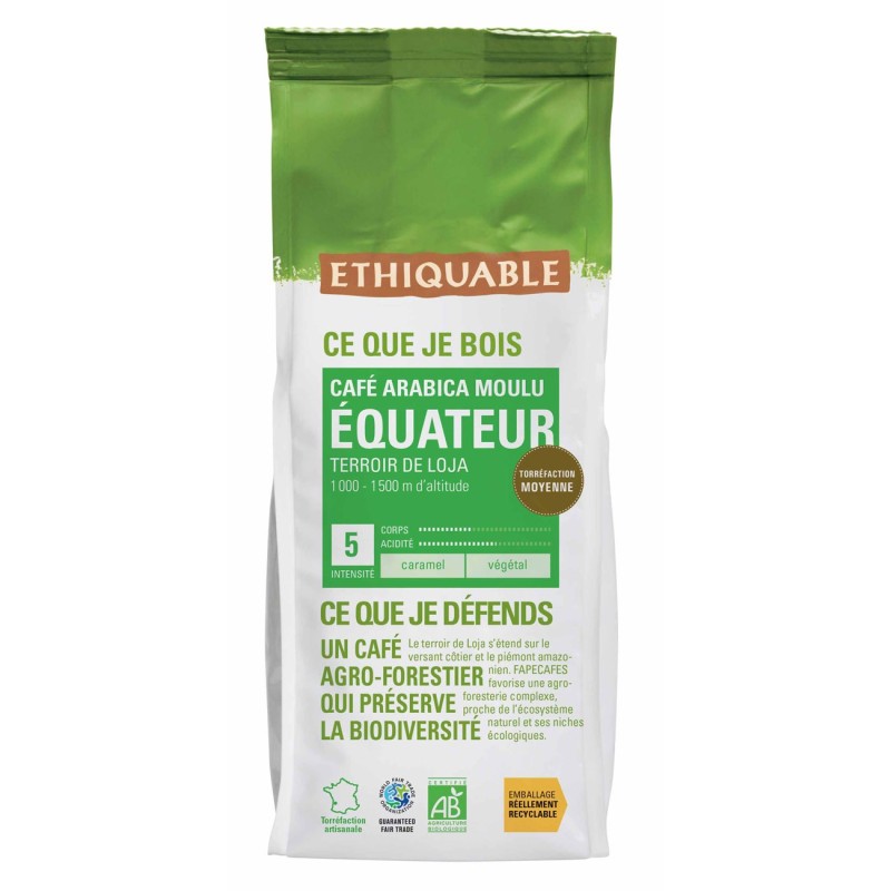 Ethiquable Café moulu Équateur,  100% Arabica Bio et équitable - Intensité 5 - 250 g