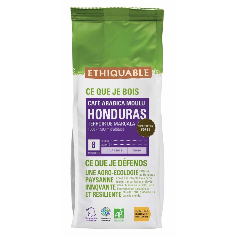Ethiquable Café moulu Honduras, 100% Arabica Bio et équitable - Intensité 8 - Sachet de 250 g