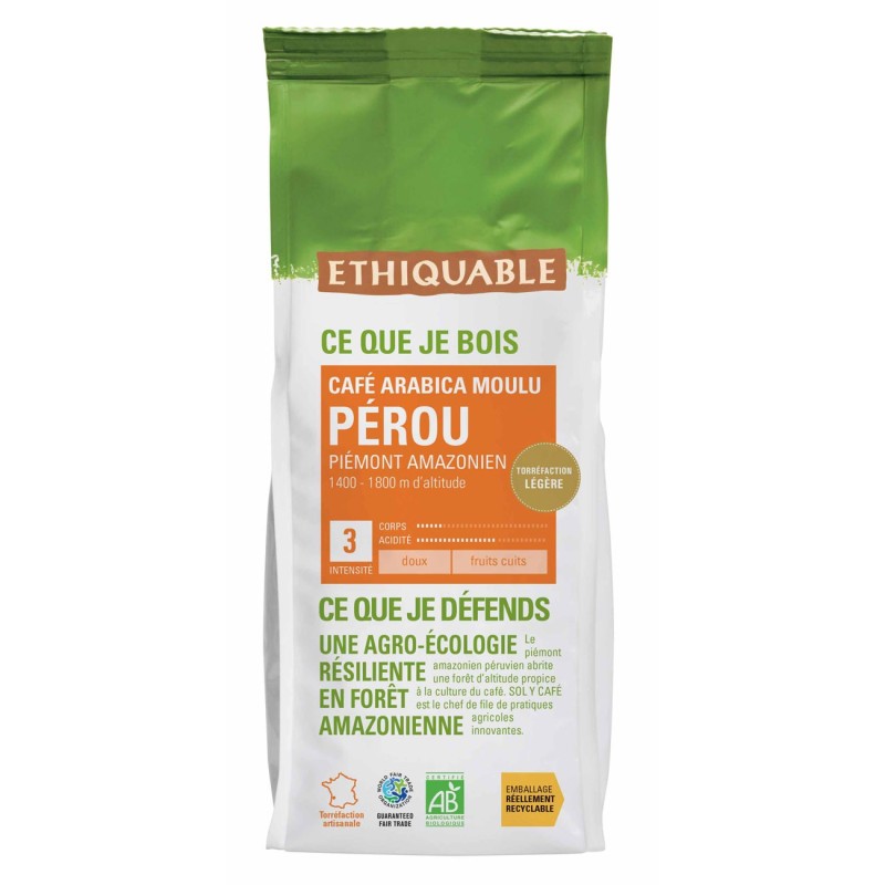 Ethiquable Café moulu Pérou équitable, 100% Arabica Bio et équitable - Intensité 3 - Sachet de 250 g
