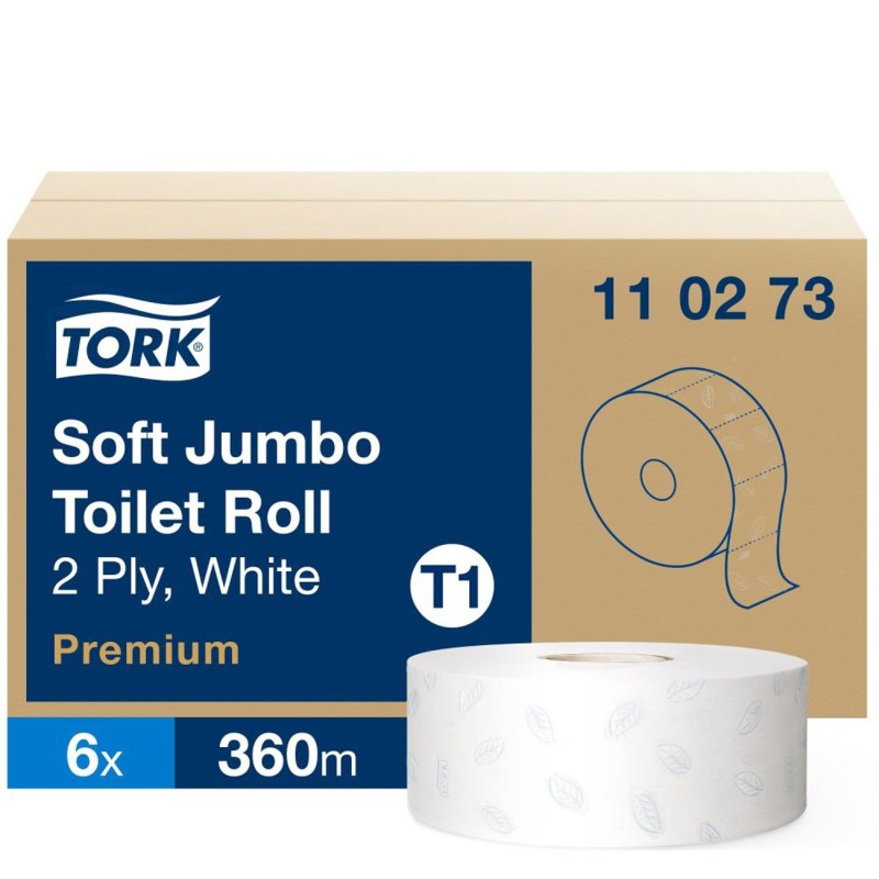 Tork Papier toilette double épaisseur Maxi Jumbo doux T1 Premium blanc - Lot de 6 rouleaux de 360 m