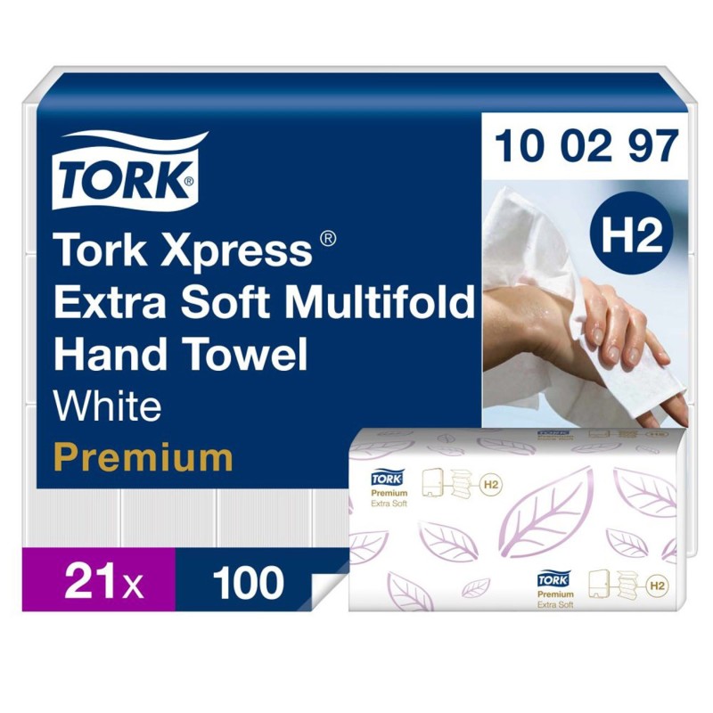 Tork Xpress Essuie-mains double épaisseur Extra Soft H2 Premium blanc pliage en M - Lot de 21 paquets de 100 feuilles