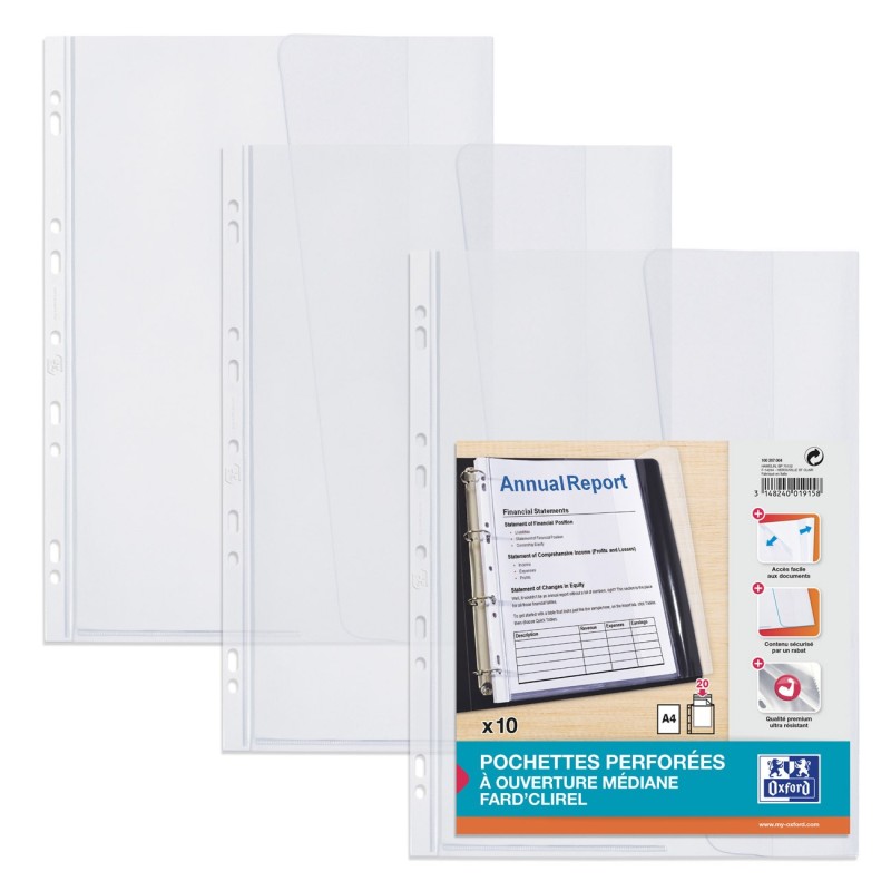 Oxford Pochettes perforées Fars'Clirel A4 à rabat PVC lisse incolore - Lot de 10