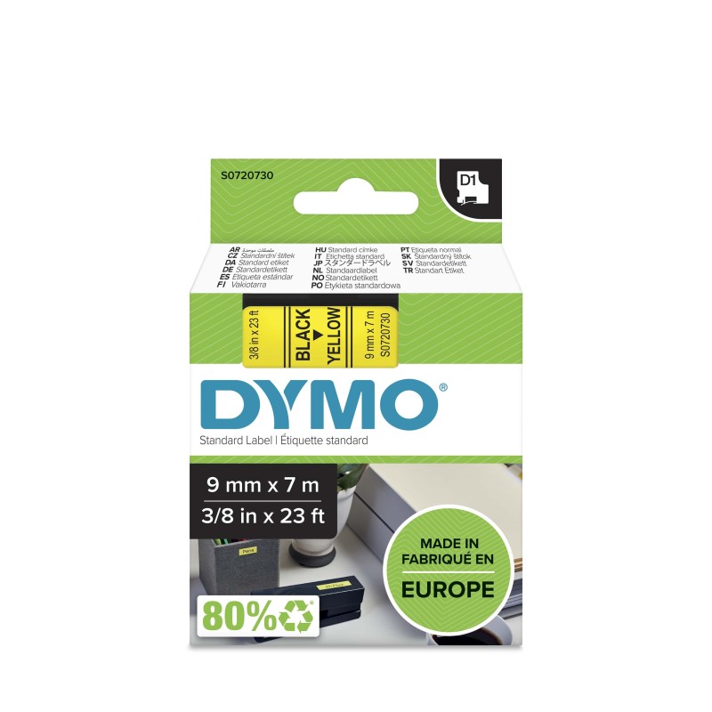 Dymo Ruban D1 S0720730 pour étiqueteuse - 9 mm x 7 m - Noir sur Jaune