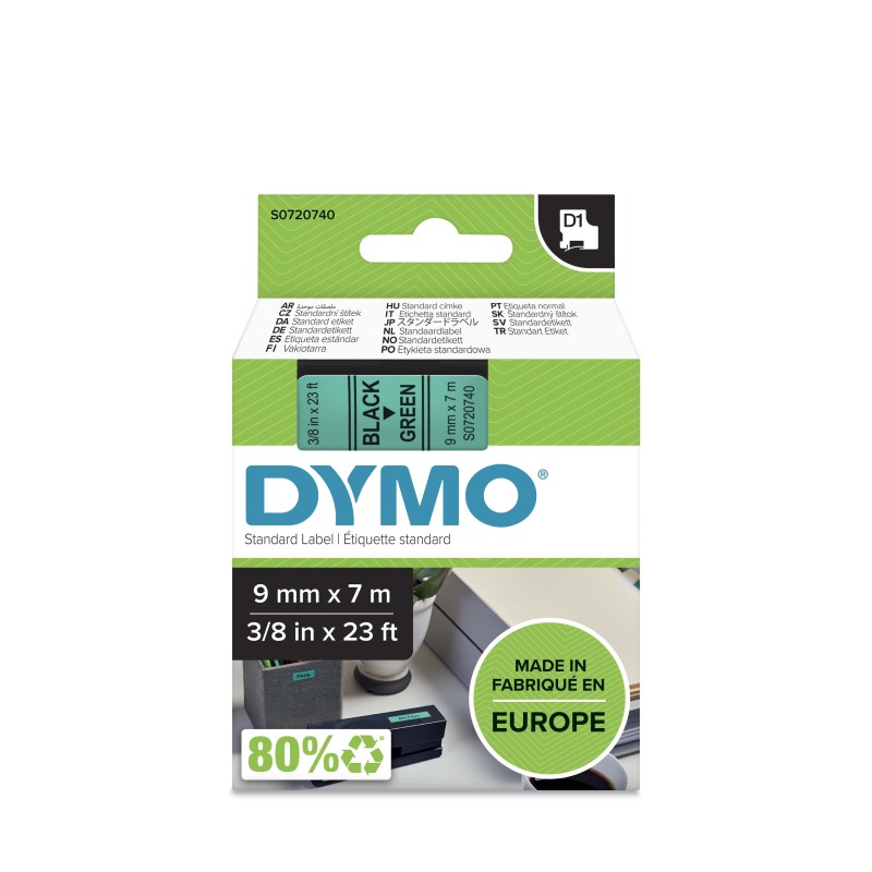 Dymo Ruban D1 S0720740 pour étiqueteuse - 9 mm x 7 m - Noir sur Vert