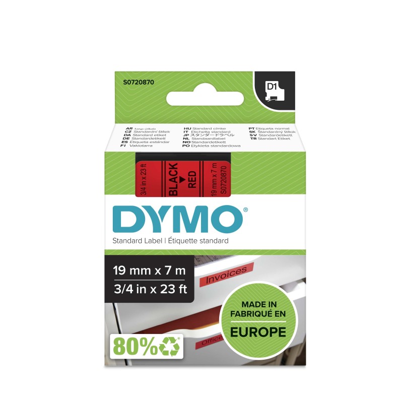 Dymo Ruban D1 S0720870 pour étiqueteuse - 19 mm x 7 m - Noir sur Rouge
