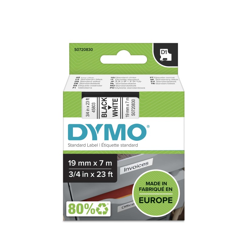 Dymo Ruban D1 S0720830 pour étiqueteuse - 19 mm x 7 m - Noir sur Blanc