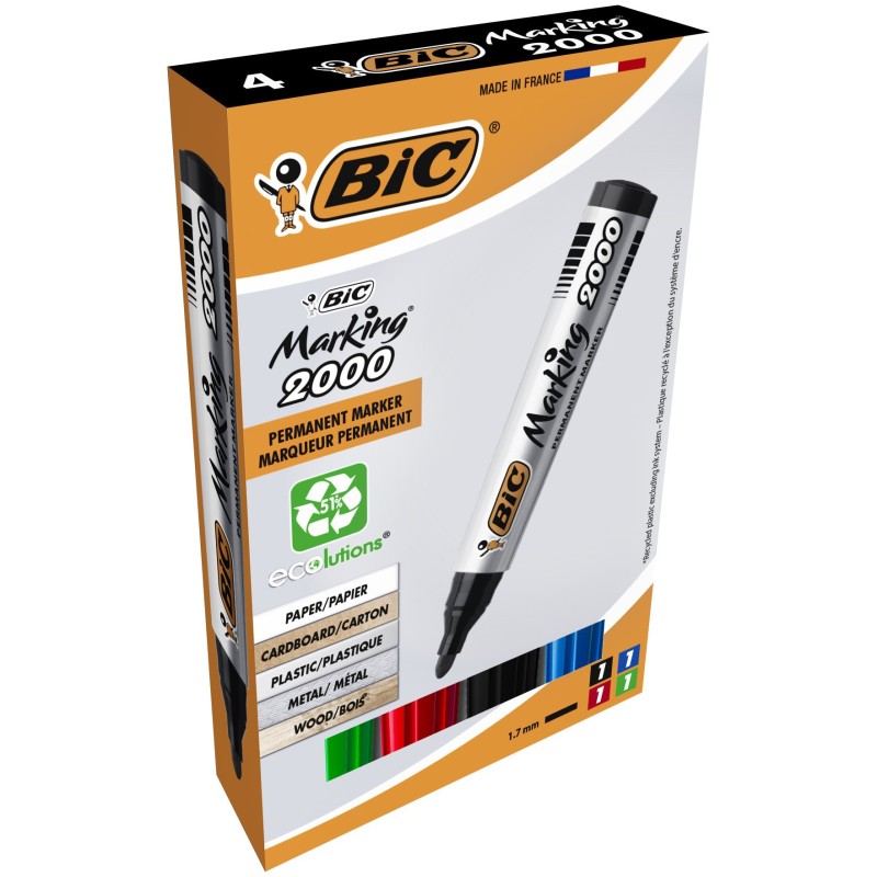 BIC Marking 2000 ECOlutions - Marqueur permanent pointe ogive trait 1.7 mm - 4 couleurs assorties