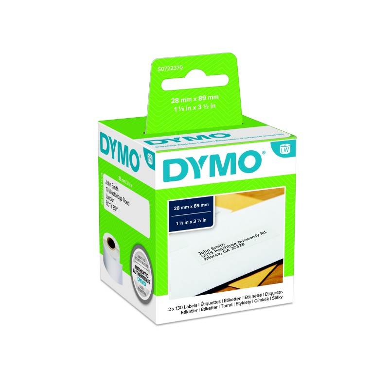 Dymo S0722370 étiquettes d'adresse standard pour LabelWriter 89 x 28 mm - boîte de 2 rouleaux de 130 étiquettes