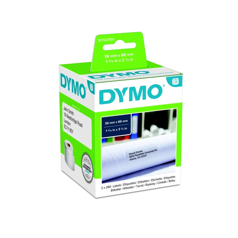Dymo S0722400 Etiquettes d'adresse larges pour LabelWriter - 89 x 36 mm - boîte de 2 rouleaux de 260 étiquettes