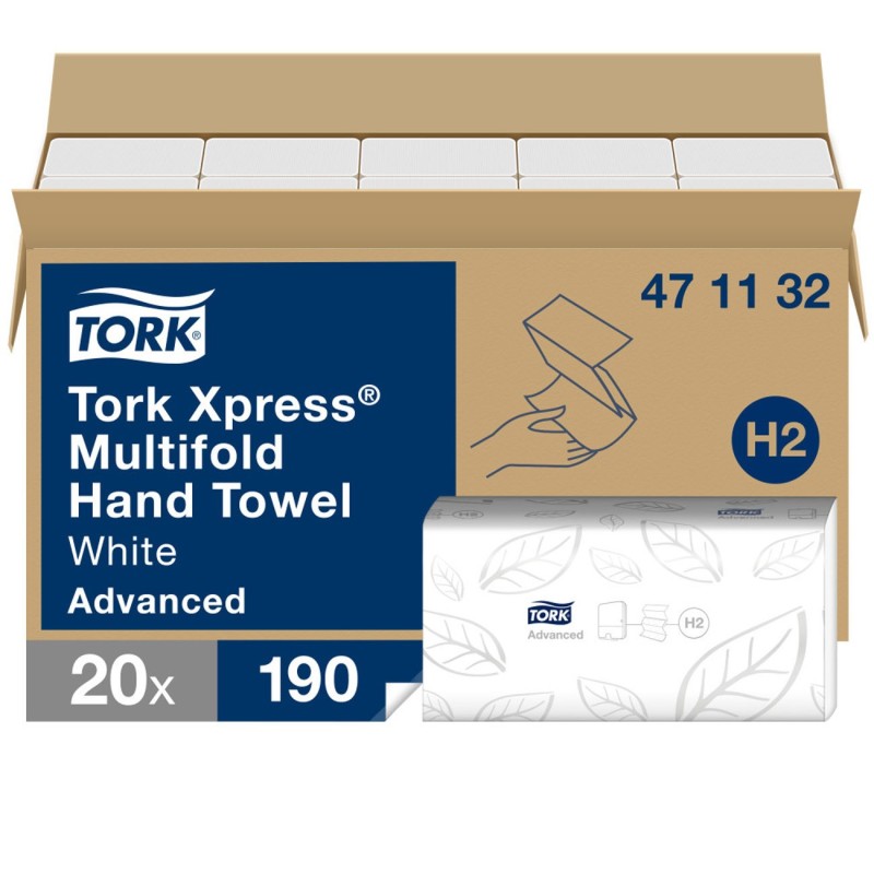 Tork Xpress Essuie-mains double épaisseur Advanced H2 blanc 100 % fibres recyclées pliage en Z - Lot de 20 paquets de 190 feuilles