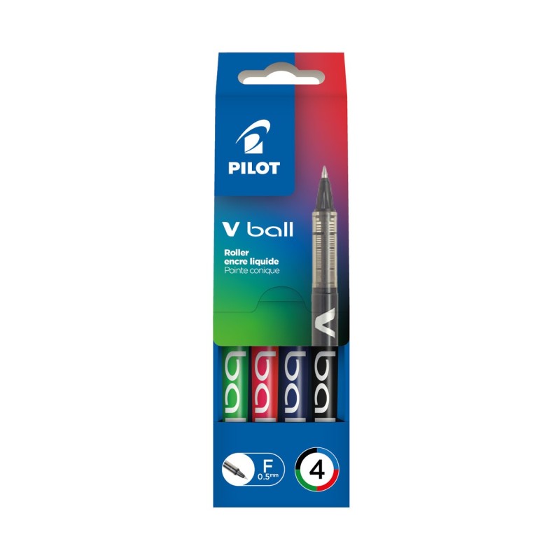 Pilot Stylo roller, V Ball, pointe fine, corps bleu, couleurs d'encre assorties : noir, bleu, vert, rouge (Pochette de 4)