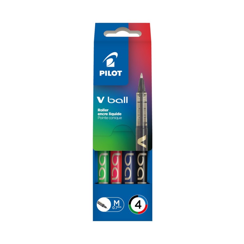 Pilot Stylo roller, V Ball, pointe de 0,7 mm, avec zone de préhension, corps dans des coloris assortis, couleurs d'encre assorties : noir, bleu, vert, rouge (Pochette de 4)