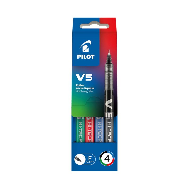 Pilot Hi-Tecpoint V5 - Stylo roller rechargeable pointe fine 0,5 mm - Pochettes de 4 couleurs d'encre assorties 