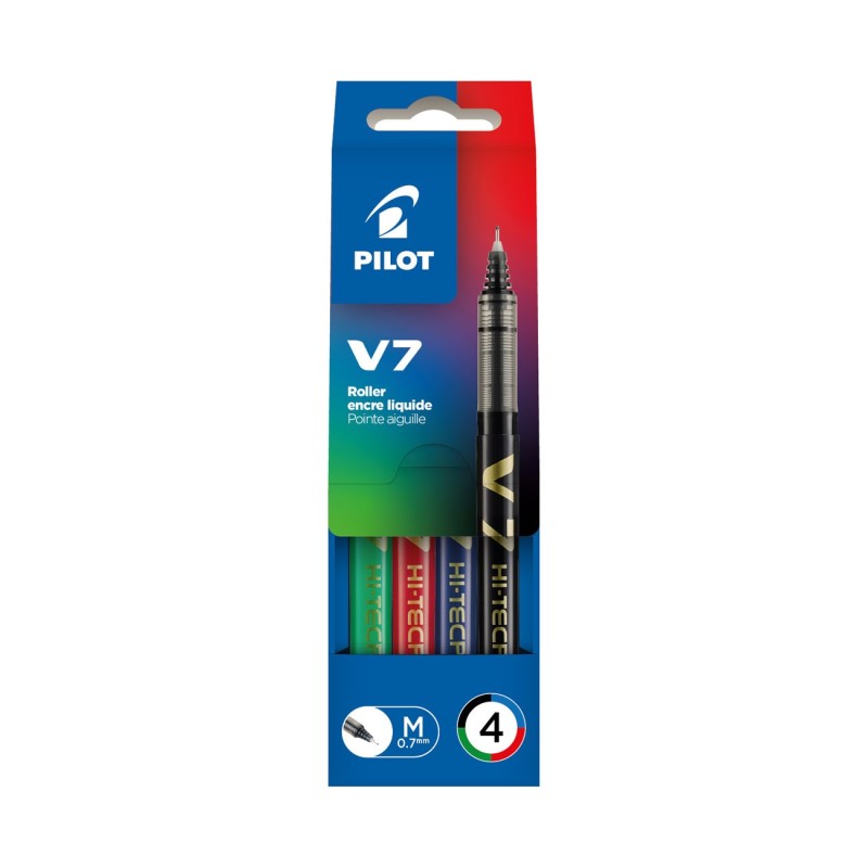 Pilot Hi-Tecpoint V7- Stylo roller rechargeable pointe fine de 0,7 mm - Pochette de 4 couleurs d'encre assorties
