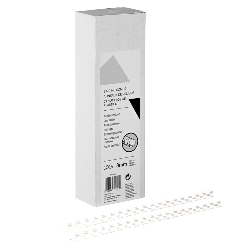 Baguettes de reliure anneaux plastique - 8 mm - Blanc - Boîte de 100