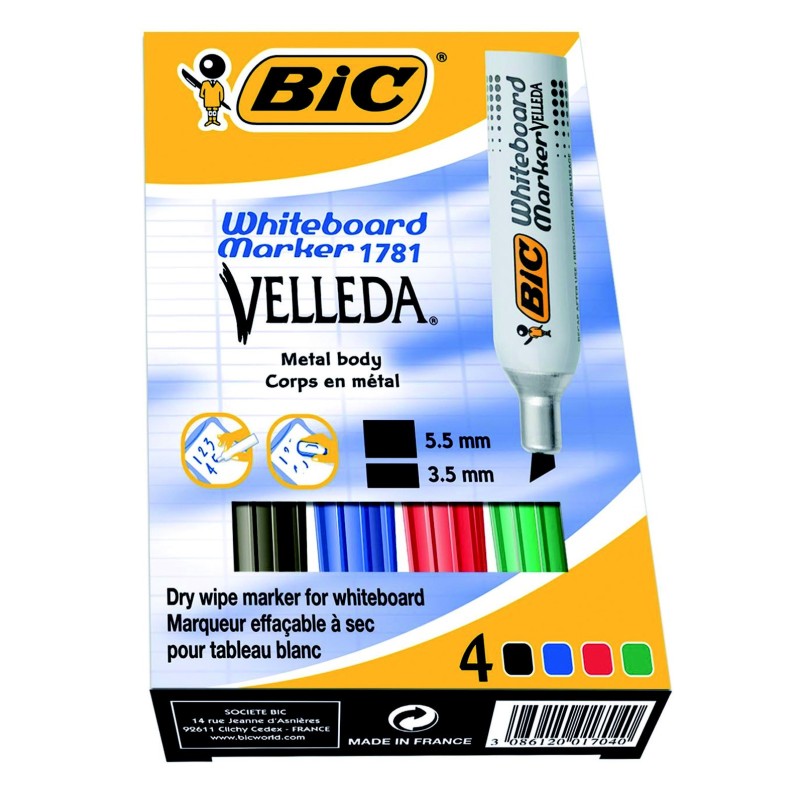 BIC Velleda 1781 Marqueur effaçable tableau blanc pointe biseautée 3 - 6 mm - Pochette 4 couleurs