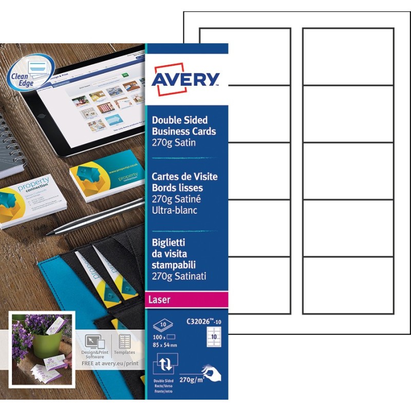 Avery C32026-10 - Cartes de visite blanches à bords lisses - 85 x 54 mm - Impression laser